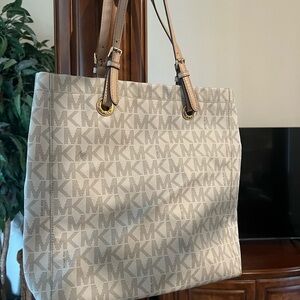 Michael Kors Beige MK Logo Tote with Tan Leather Straps